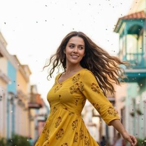 Floral print split hem pullover dress m